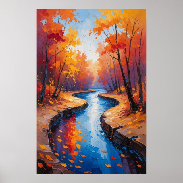 Autumn Forest Path with Flowing Stream Landscape Poster (Front)