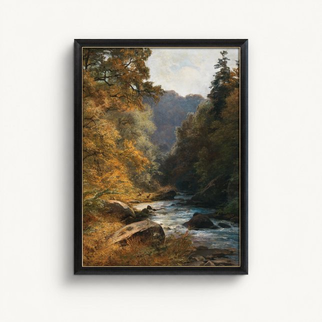 Autumn Forest Stream Deer Landscape Poster (Autumn Forest Stream Deer Poster - close-up view (frame/decor not included)
)