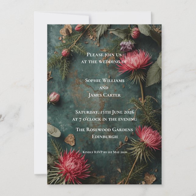 Autumn Forest Thistle Protea Wedding Invitation (Front)
