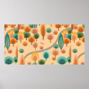 Autumn forest with abstract flat handdrawn trees a poster