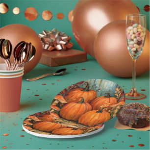 Autumn Forest with pumpkins and musrooms, Paper Plates