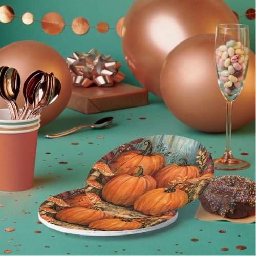 Autumn Forest with pumpkins and musrooms, Paper Plates