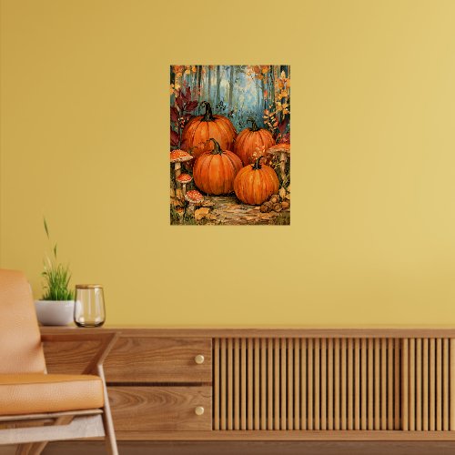 Autumn Forest with pumpkins and musrooms, Poster