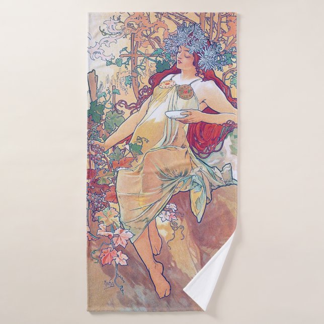 Autumn (Four Seasons), Alphonse Mucha Bath Towel (Bath Towel)