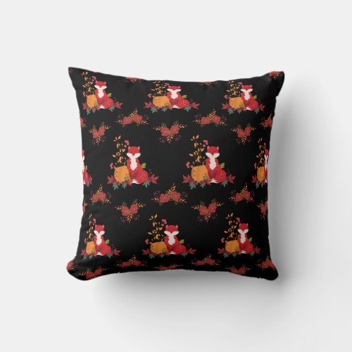 Autumn Fox Fall Leaves  flowers Pattern black Throw Pillow