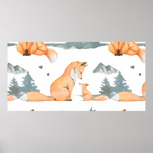 Autumn fox. Hand painted watercolor seamless patte Poster