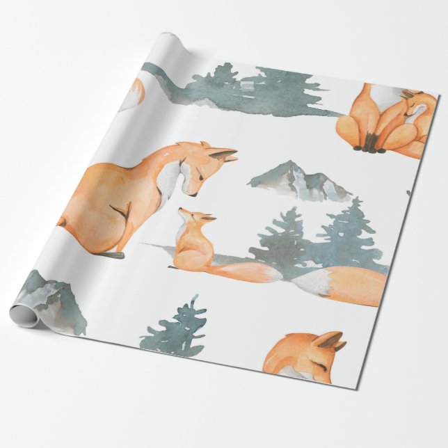 Autumn fox. Hand painted watercolor seamless patte Wrapping Paper (Unrolled)
