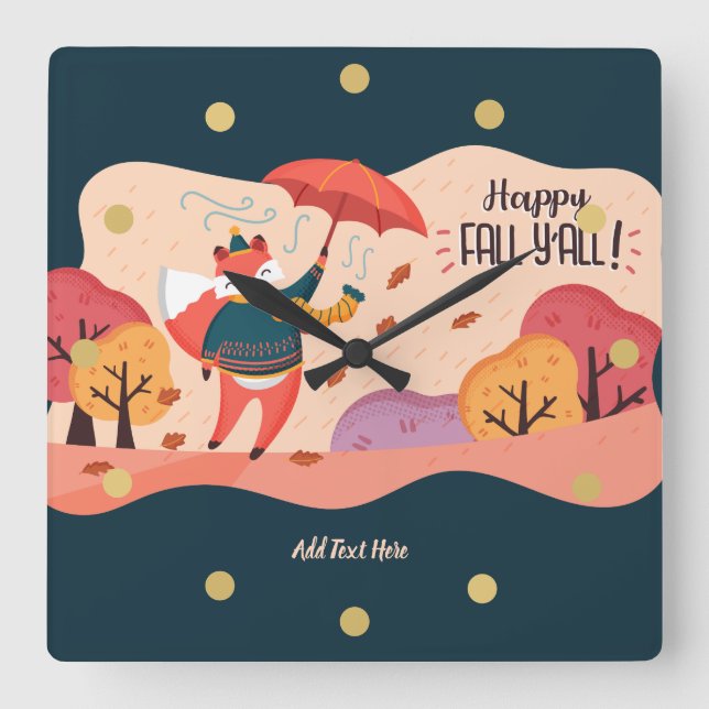 Autumn FOX Happy Fall Ya'll Personalized DECOR Square Wall Clock (Front)