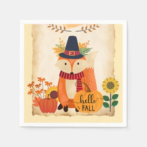 Autumn Fox Hello Fall Sunflowers Pumpkins  Napkins