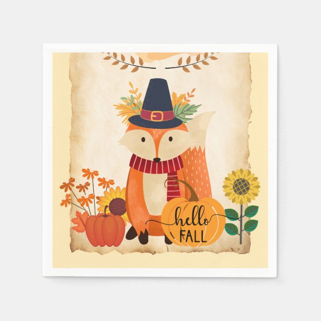 Autumn Fox Hello Fall Sunflowers Pumpkins  Napkins (Front)