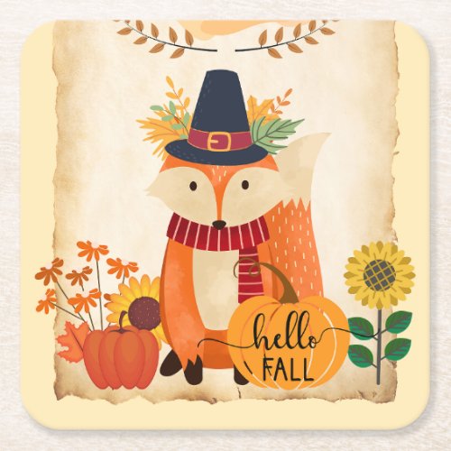 Autumn Fox Hello Fall Sunflowers Pumpkins  Square Paper Coaster