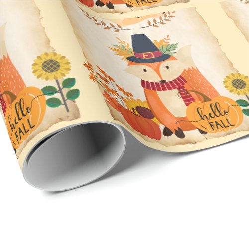 Autumn Fox Hello Fall Sunflowers Pumpkins  Wrapping Paper