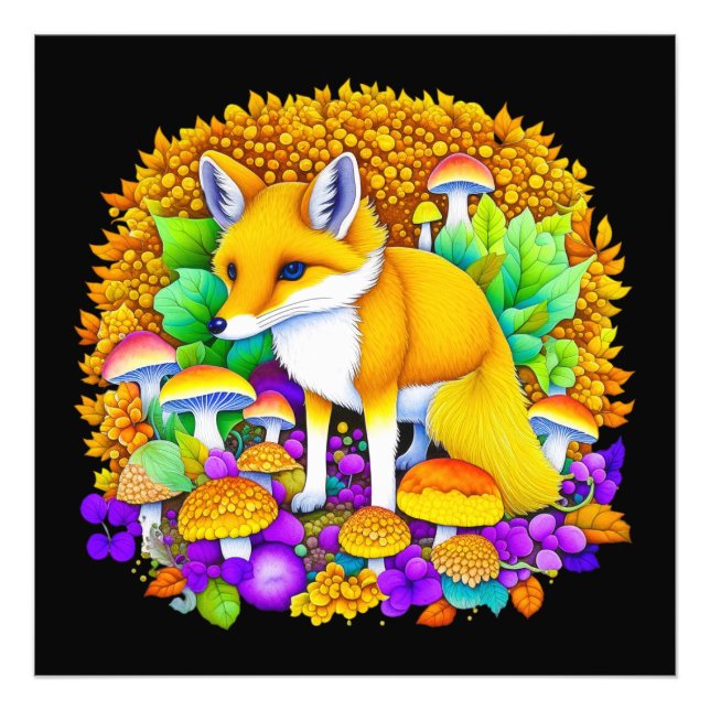 Autumn Fox in Mushrooms and Fall Leaves Photo Print (Front)
