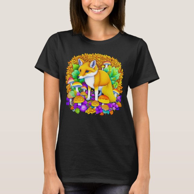 Autumn Fox in Mushrooms and Fall Leaves T-Shirt (Front)