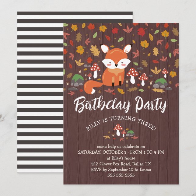 Autumn Fox Kids Woodland Birthday Party Invitation (Front/Back)