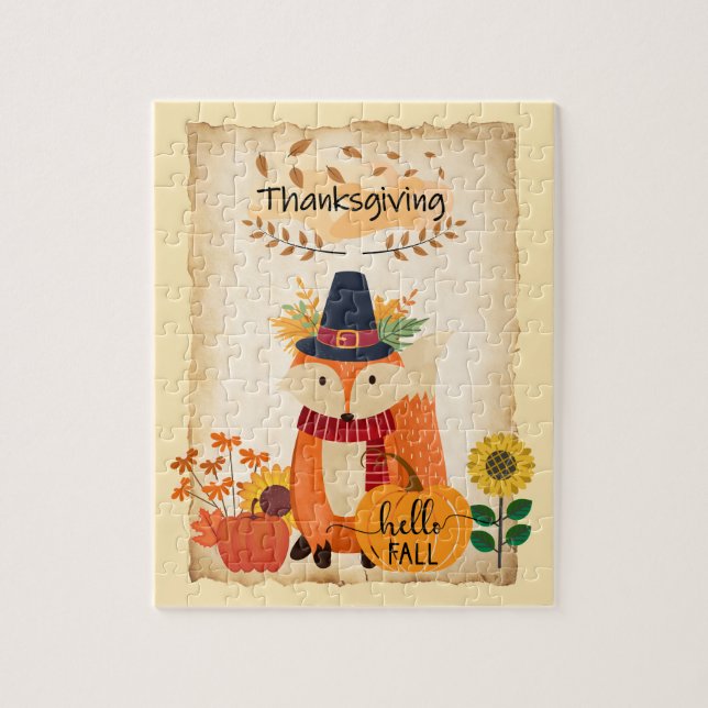 Autumn Fox Thanksgiving pumpkins and sunflowers Jigsaw Puzzle (Vertical)