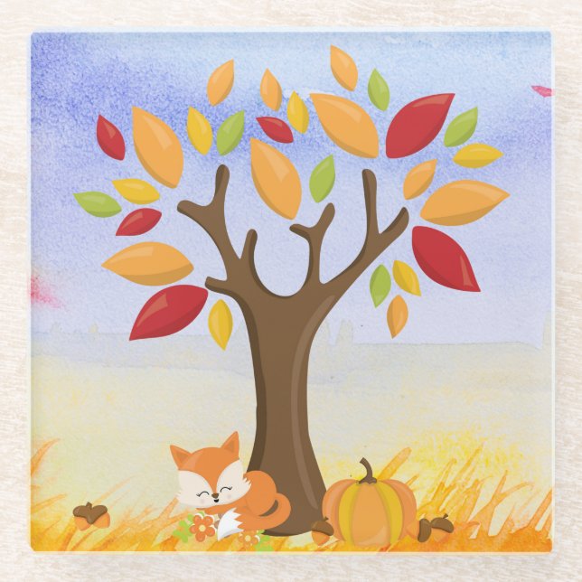 Autumn Fox with Pumpkin Glass Coaster (Front)