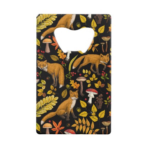 Autumn foxes on black credit card bottle opener