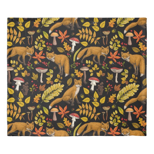 Autumn foxes on black duvet cover (Front)