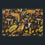 Autumn foxes on black kitchen towel<br><div class="desc">Hand-painted autumn woodland fauna and flora- foxes,  forest leaves,  mushrooms and berries</div>