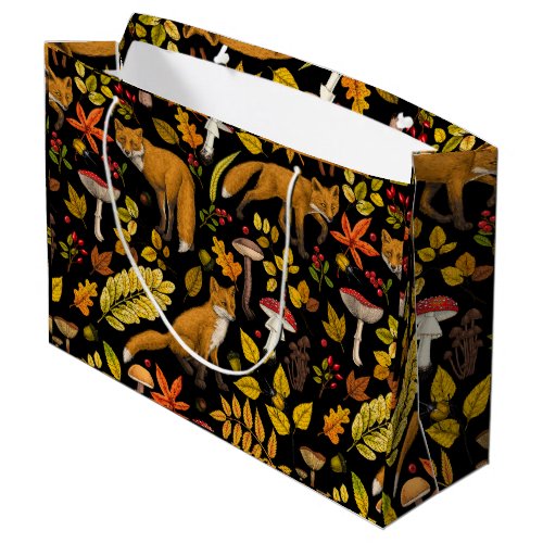 Autumn foxes on black large gift bag