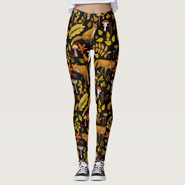 Autumn foxes on black leggings (Front)