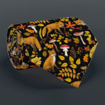 Autumn foxes on black neck tie<br><div class="desc">Hand-painted autumn woodland fauna and flora- foxes,  forest leaves,  mushrooms and berries</div>