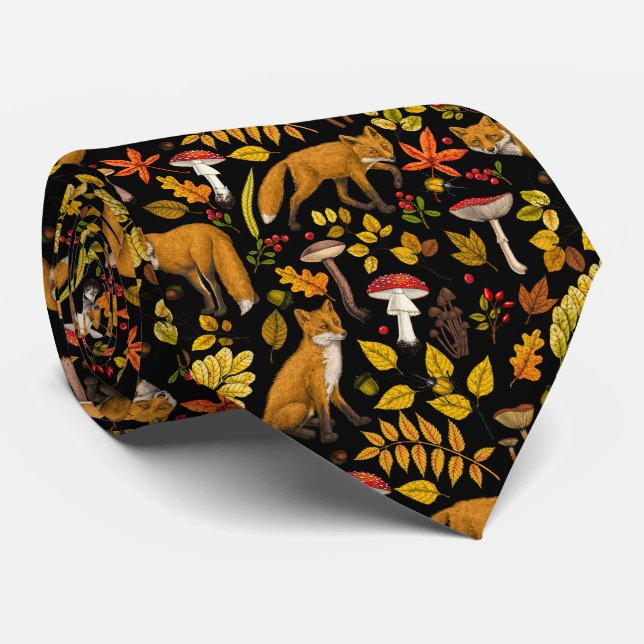 Autumn foxes on black neck tie (Rolled)
