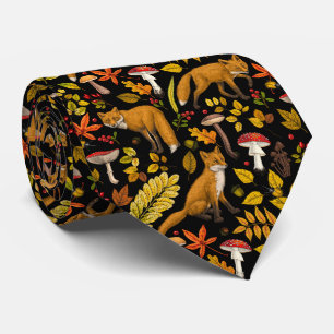 Autumn foxes on black neck tie