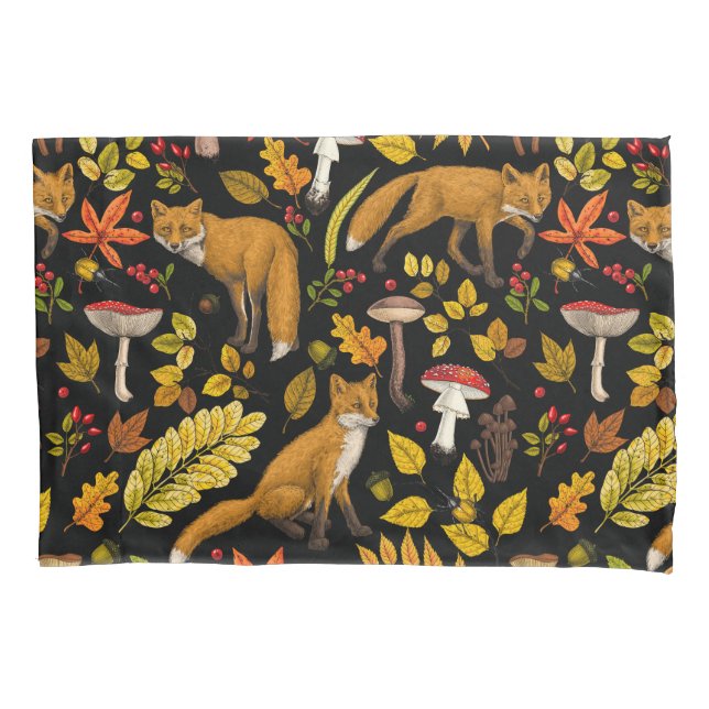 Autumn foxes on black pillow case (Front-Left)
