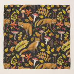 Autumn foxes on black scarf<br><div class="desc">Hand-painted autumn woodland fauna and flora- foxes,  forest leaves,  mushrooms and berries</div>