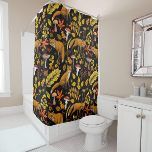 Autumn foxes on black shower curtain