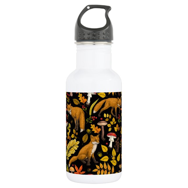 Autumn foxes on black stainless steel water bottle (Front)