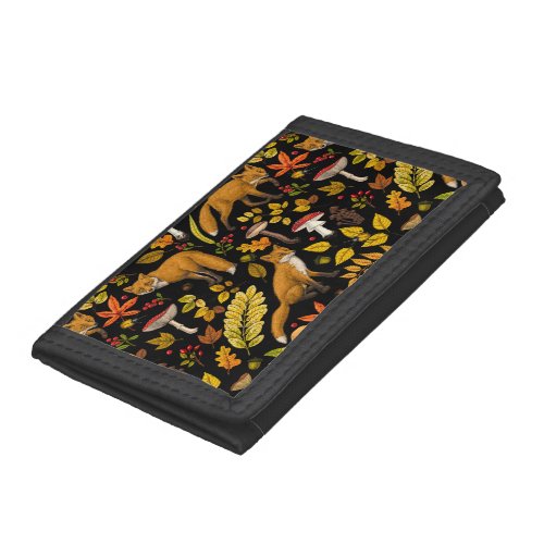 Autumn foxes on black trifold wallet