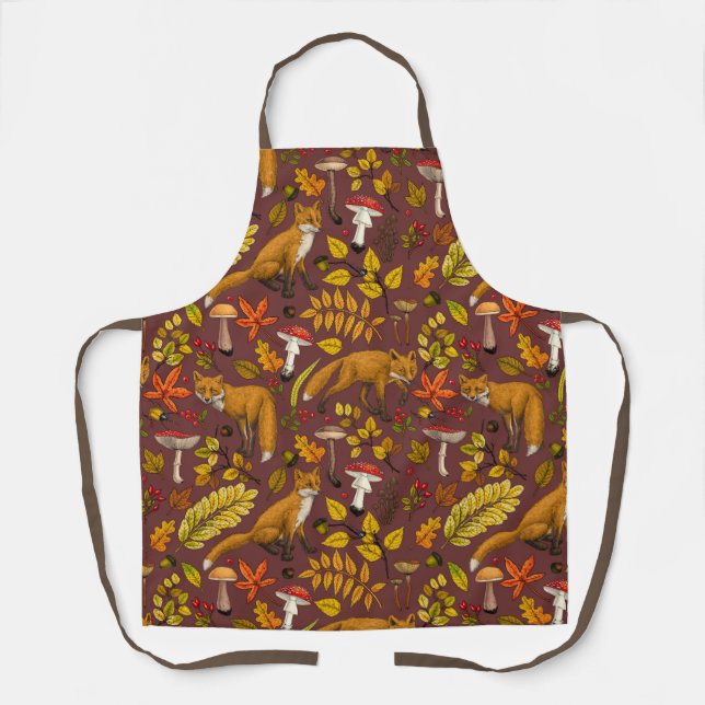 Autumn foxes on chocolate brown apron (Front)