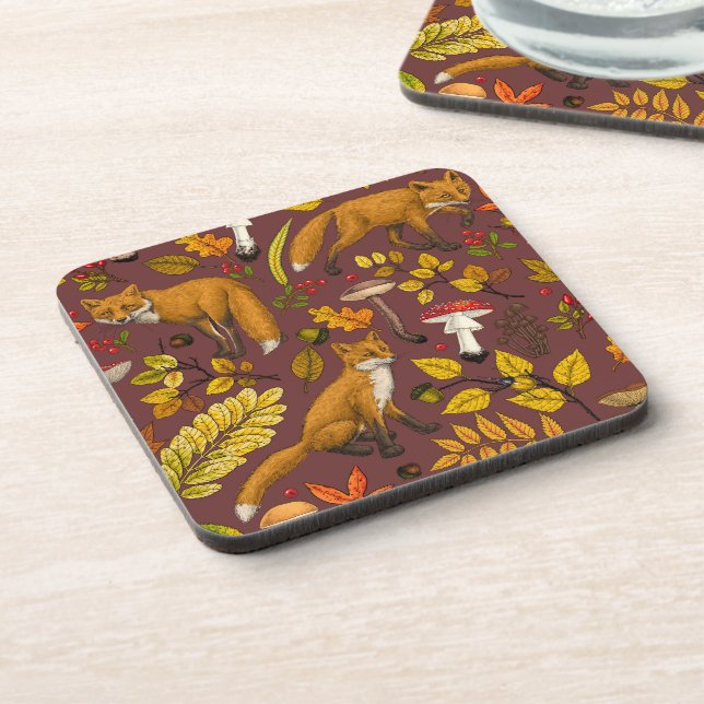 Autumn foxes on chocolate brown beverage coaster (Left Side)