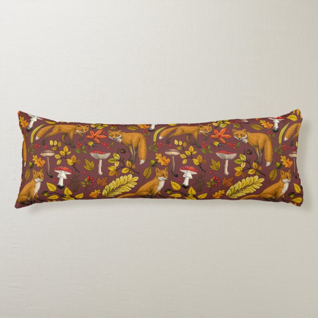 Autumn foxes on chocolate brown body pillow (Front)