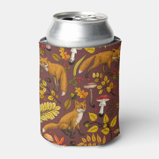 Autumn foxes on chocolate brown can cooler (Can Front)