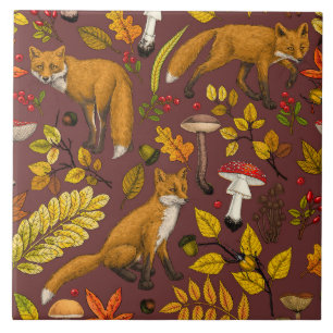 Autumn foxes on chocolate brown ceramic tile