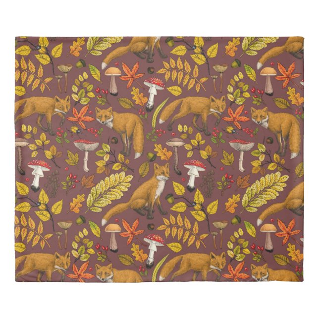 Autumn foxes on chocolate brown duvet cover (Front)