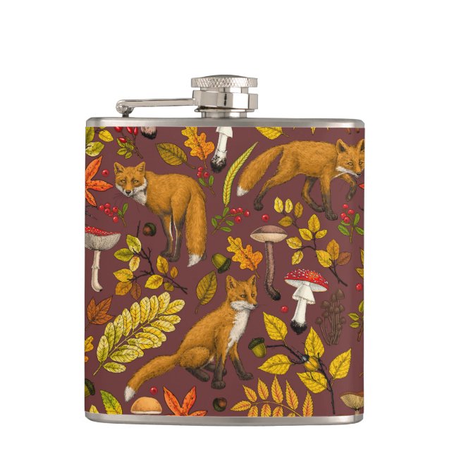 Autumn foxes on chocolate brown flask (Front)