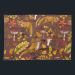Autumn foxes on chocolate brown kitchen towel<br><div class="desc">Hand-painted autumn woodland fauna and flora- foxes,  forest leaves,  mushrooms and berries</div>