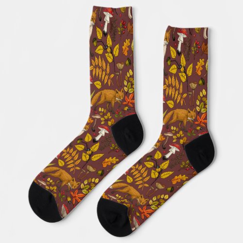 Autumn foxes on chocolate brown socks