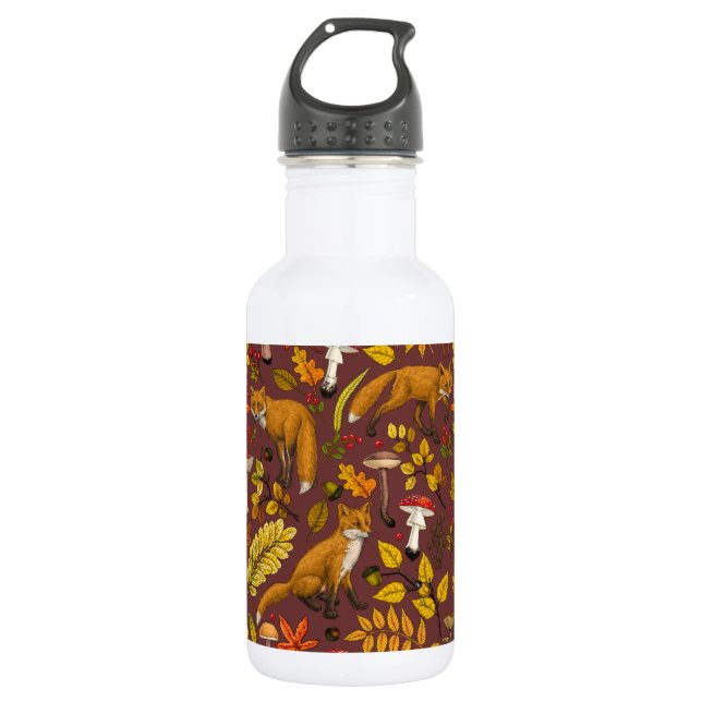 Autumn foxes on chocolate brown stainless steel water bottle (Front)