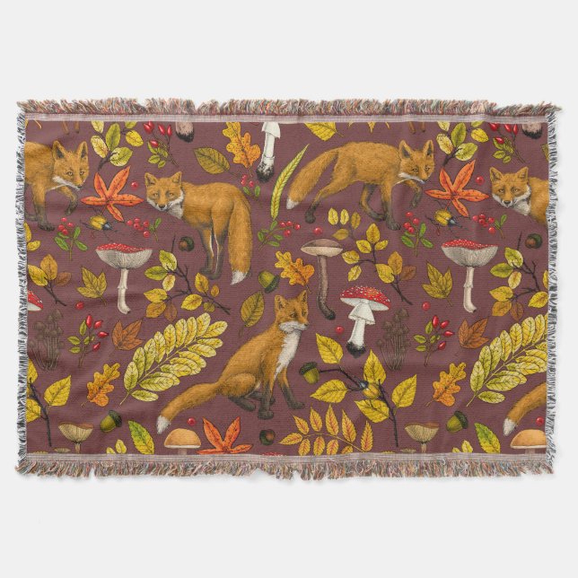 Autumn foxes on chocolate brown throw blanket (Front)
