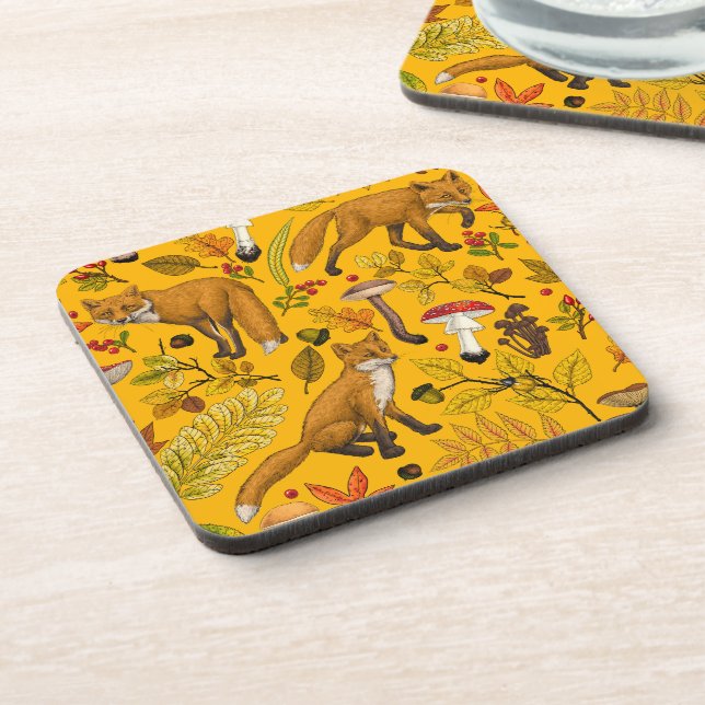 Autumn foxes on orange beverage coaster (Left Side)