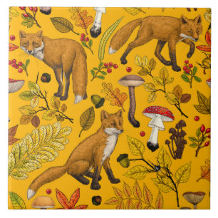 Autumn foxes on orange ceramic tile
