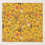 Autumn foxes on orange scarf<br><div class="desc">Hand-painted autumn woodland fauna and flora- foxes,  forest leaves,  mushrooms and berries</div>