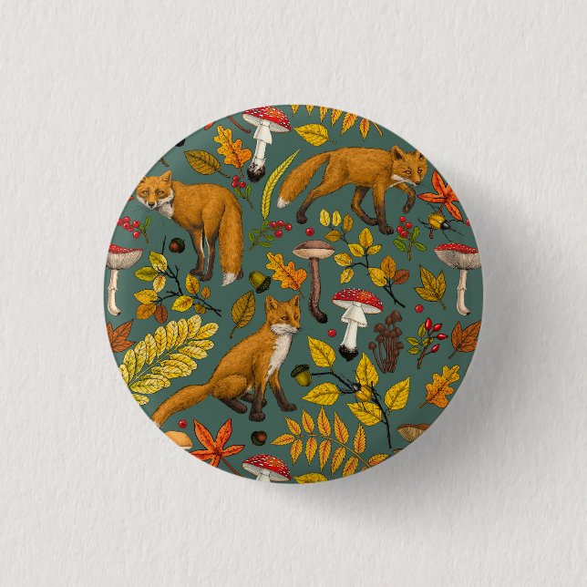 Autumn foxes on pine green button (Front)