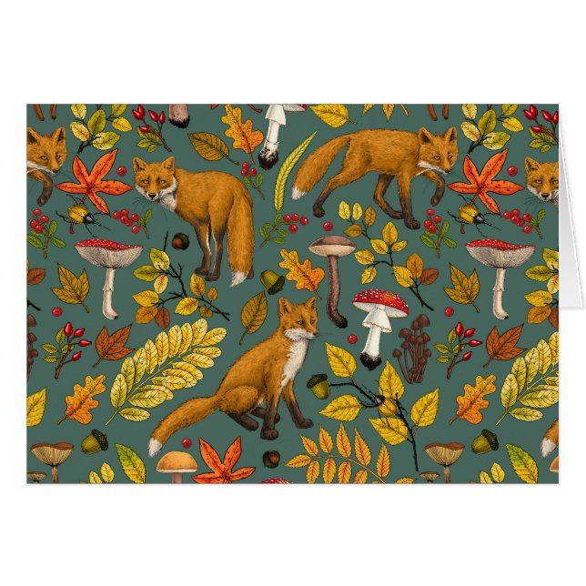 Autumn foxes on pine green cards (Front Horizontal)